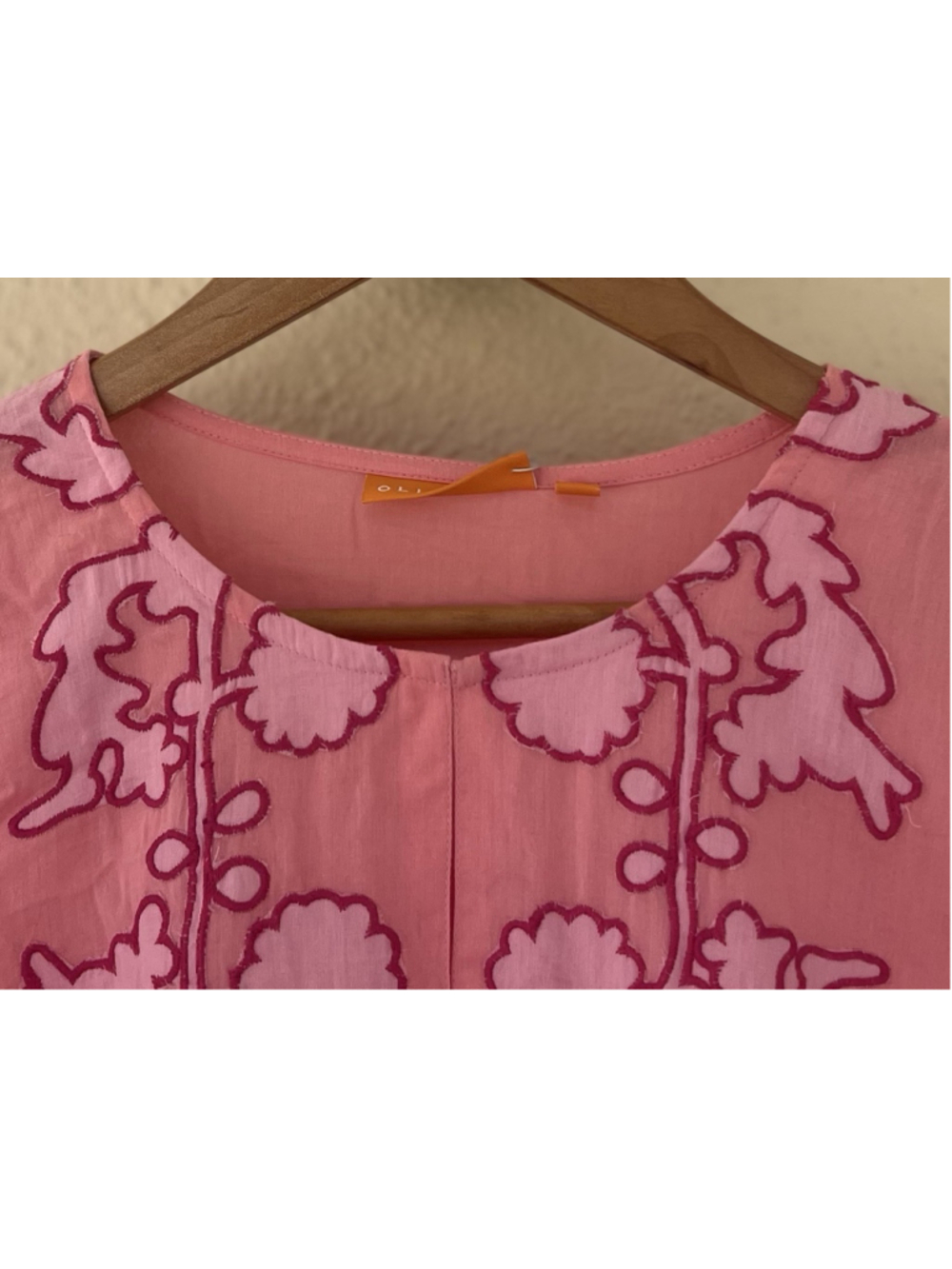 Oliphant Flirty V Neck Maxi Tiered Dress Tangier Pink Flutter Sleeve Embroidery - Picture 9 of 13